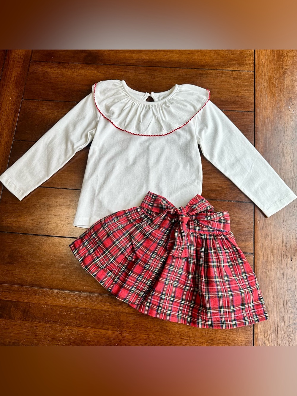 Oaks Apparel Christmas Ruffle Collar Shirt + Red Tartan Skirt | Size 3T